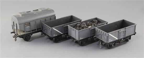 A hopper wagon, 20T, no.B85012 and three mineral wagons 16T, nos.B71689, M73201 and B71712,